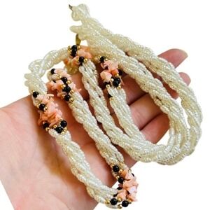 VTG Coral Necklace Genuine Natural braided onyx Pearl Beaded Rare Gold tone 32"
